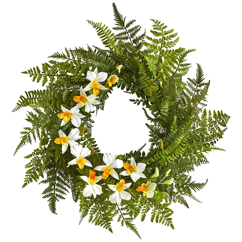 24" Mixed Fern & Dendrobium Orchid Wreath
