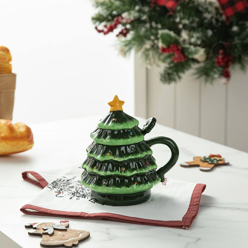 Glitzhome® 6.5" Christmas Ceramic Tree Mug with Lid and Spoon