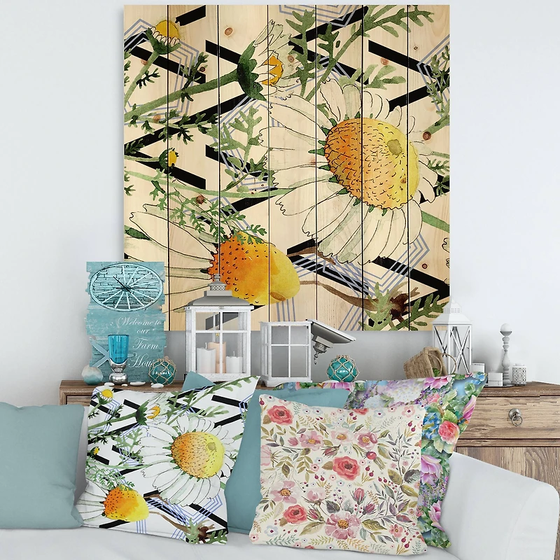 Designart - Wild Spring Chamomile Flowers On Geometric