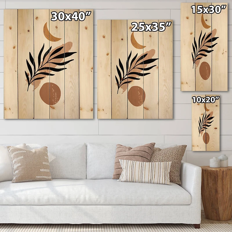 Designart - Abstact Minimal Sun, Moon & Tropical Palm Leaf I - Modern Print on Natural Pine Wood