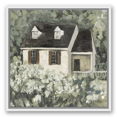 Cottage in the Woods White Floating Framed Canvas Wall Art