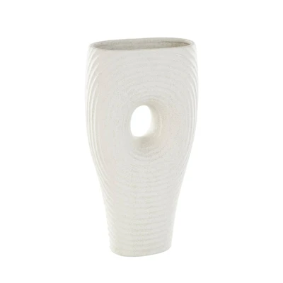 16" White Speckled Ceramic Ribbed Cutout Vase