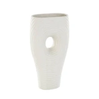 16" White Speckled Ceramic Ribbed Cutout Vase