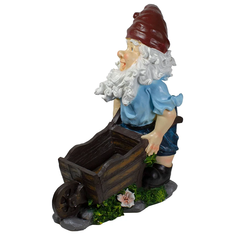 20" Blue & Brown Wheelbarrow Gnome Outdoor Garden Statue