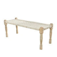 Beige Cotton Handmade Woven Chevron Bench with Mango Wood Legs