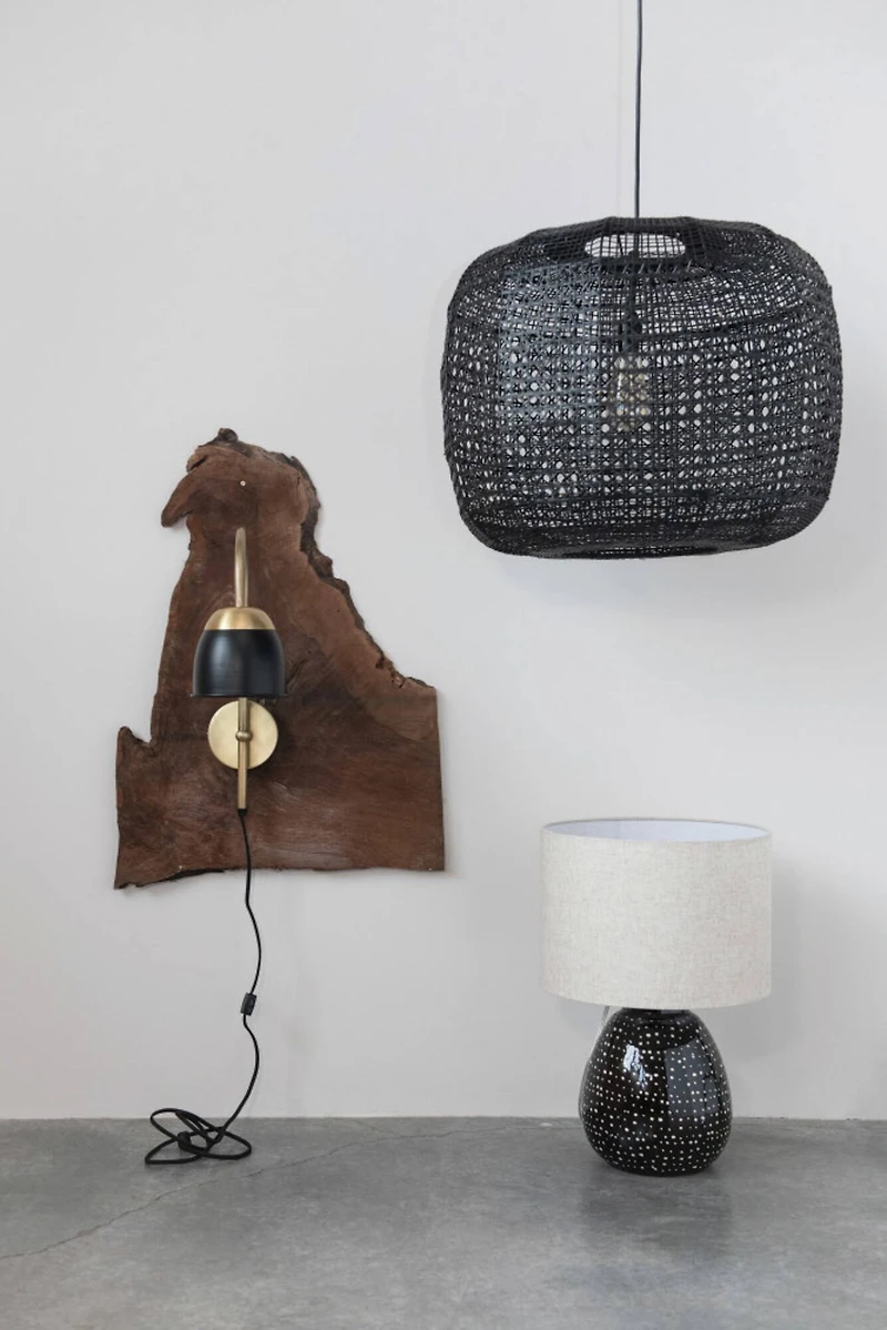 Hello Honey® 22" Black and White Dotted Stoneware Table Lamp with Linen Shade