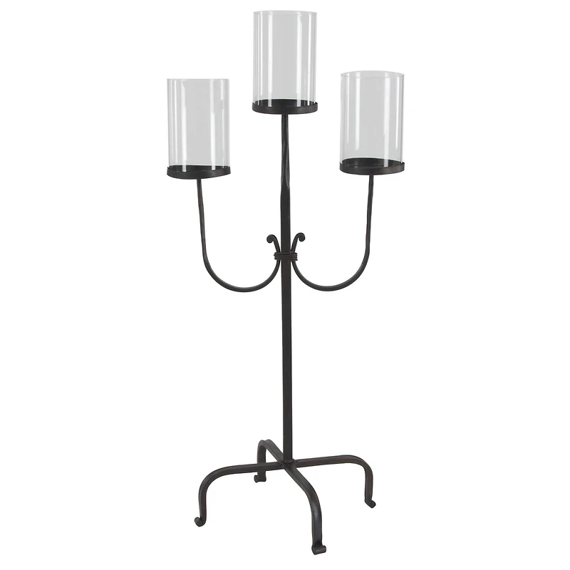Traditional Black Metal and Glass 3-Light Candelabra, 28" x 15" x 12"