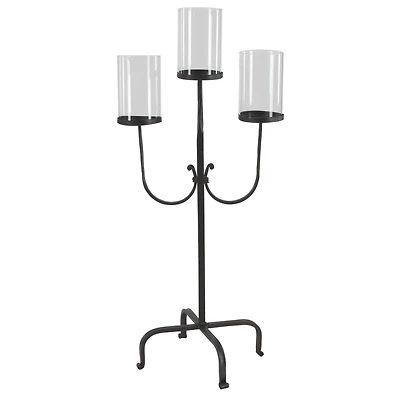 Traditional Black Metal and Glass 3-Light Candelabra, 28" x 15" x 12"