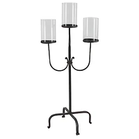 Traditional Black Metal and Glass 3-Light Candelabra, 28" x 15" x 12"