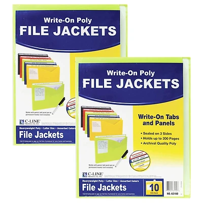 C-Line® Assorted Colored Write-On Poly File Jackets, 2 Packs of 10