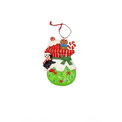 Wizardi 4" Glossy Gingerbread Gift Bag with Penguin Christmas Ornament