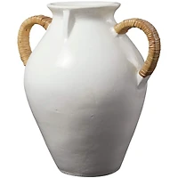 19" White Ceramic Jug Inspired Vase with Rattan Wrapped Handles