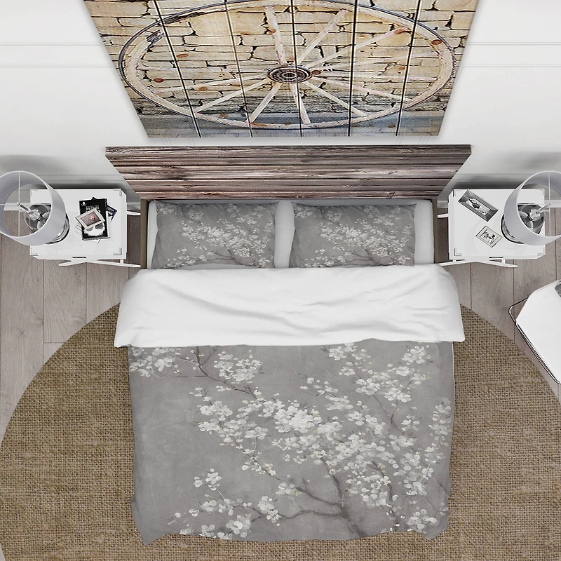 Designart 'White Cherry Blossoms II' Farmhouse Bedding Set