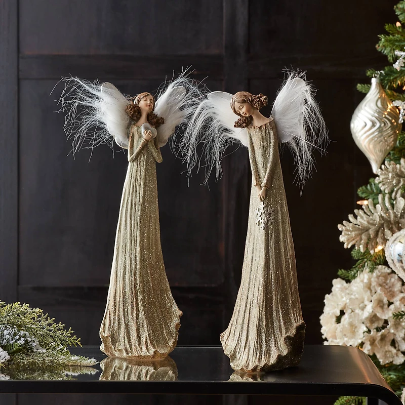 14" Glittered Angel with Feather Wings Set