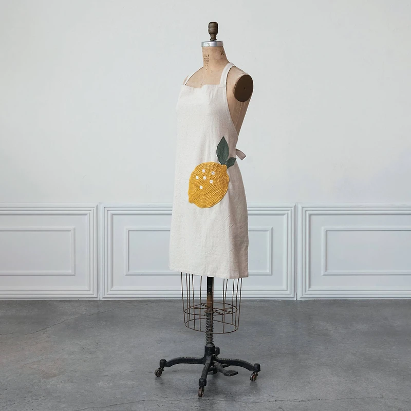 Hello Honey® Embroidered Cotton & Linen Apron with Lemon Pocket