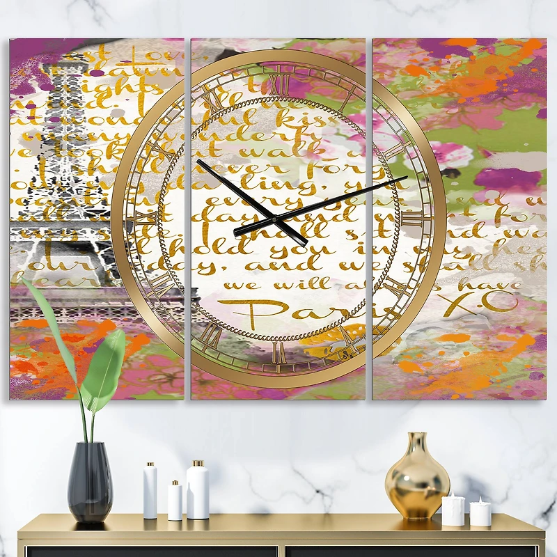 Designart With Love From Paris Large Traditional 3 panel Wall Clock