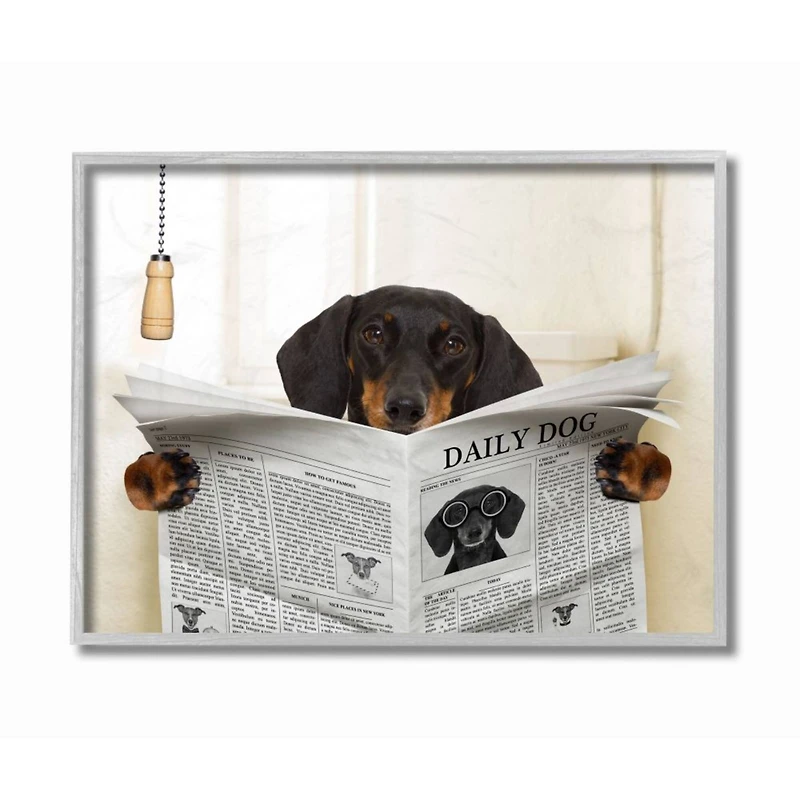 Stupell Industries White & Black Dog On Toilet with Newspaper Gray Framed Wall Art