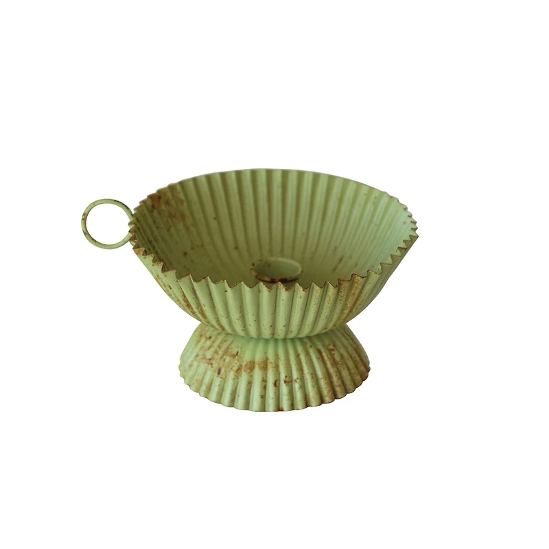 Hello Honey® 7" Distressed Green Large Scalloped Painted Metal Taper Candleholder with Handle