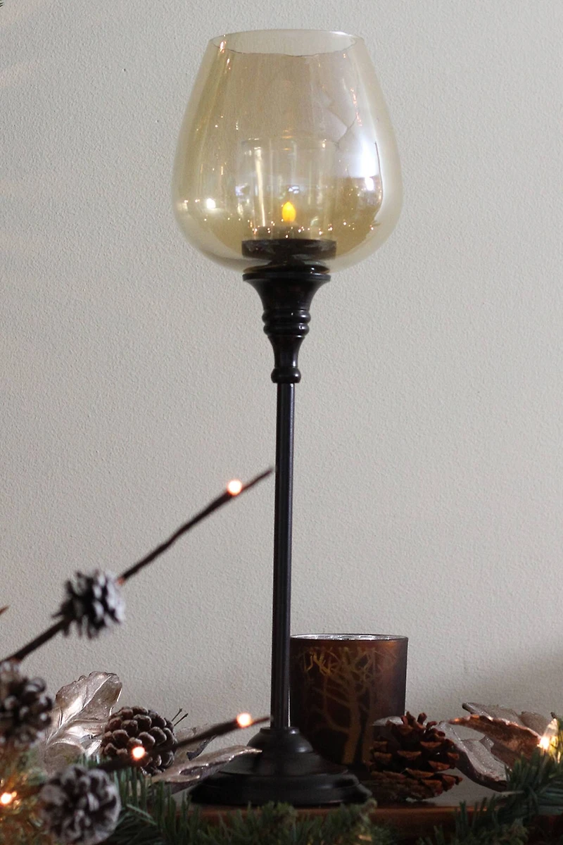 15" Decorative Medium Golden Luster Brown Stemmed Votive Candle Holder
