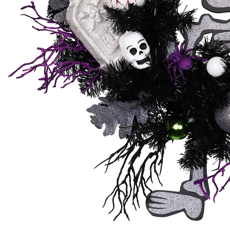 24'' Unlit Purple and Black Spooky Skeleton Pine Halloween Wreath