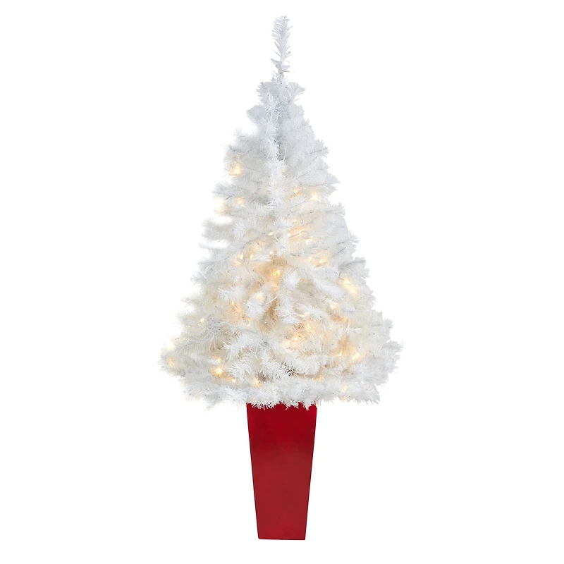 4.5ft. Pre-Lit White Artificial Christmas Tree in Red Planter, Clear LED Lights