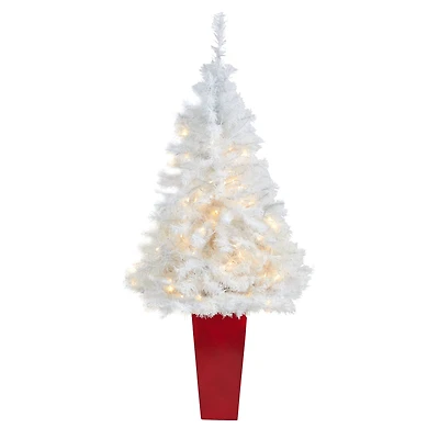 4.5ft. Pre-Lit White Artificial Christmas Tree in Red Planter, Clear LED Lights