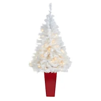 4.5ft. Pre-Lit White Artificial Christmas Tree in Red Planter, Clear LED Lights