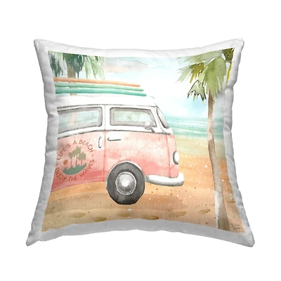 Stupell Industries Pink Bus Van Tropical Vacation Beach Scene Throw Pillow, 18" x 18"
