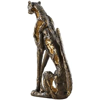 19" Bronze Polystone Distressed Textured Sitting Leopard Sculpture with Cutouts & Gold Accents