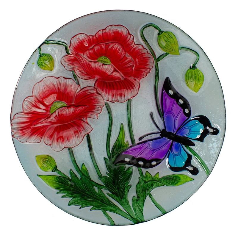 21'' Butterfly and Carnations Hand Painted Glass Birdbath