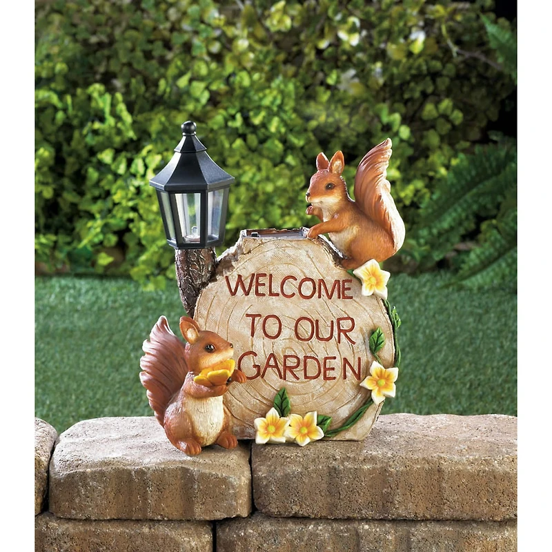 9.5" Solar Welcome To Our Garden Squirrels Statue