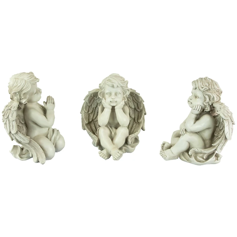 Gray Sitting Cherub Angel Outdoor Garden Statue Set