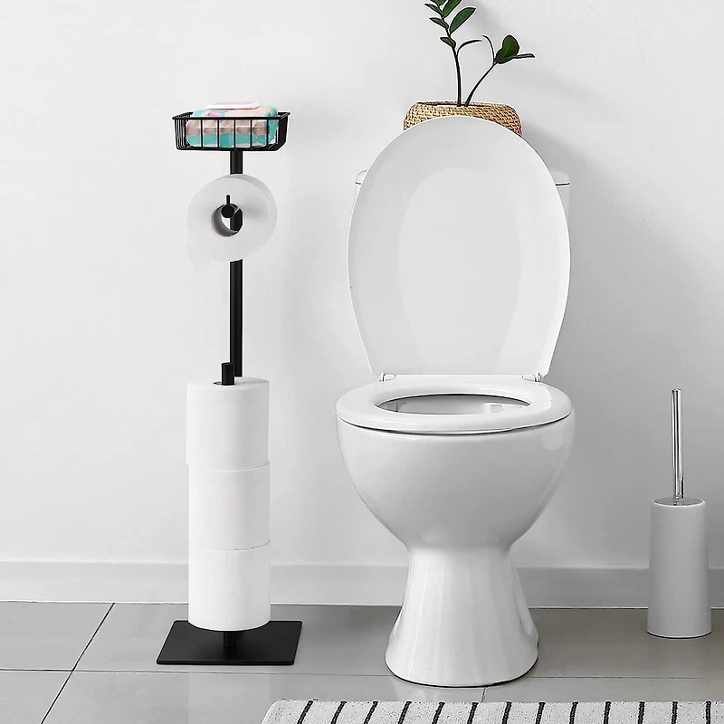 Black Freestanding Toilet Paper Holder Stand with Basket