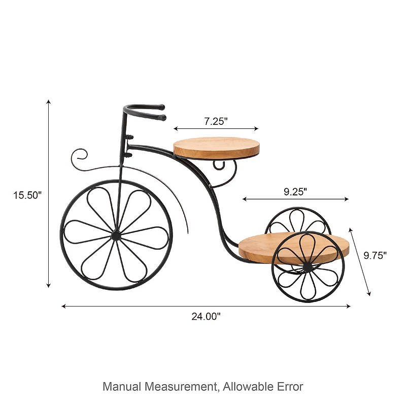 Glitzhome® 24" Black Metal Tricycle Planter Stand with Solid Wood Tray