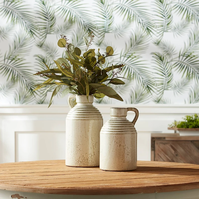 11.75" Cream Washed Rustic Ceramic Jug Vase