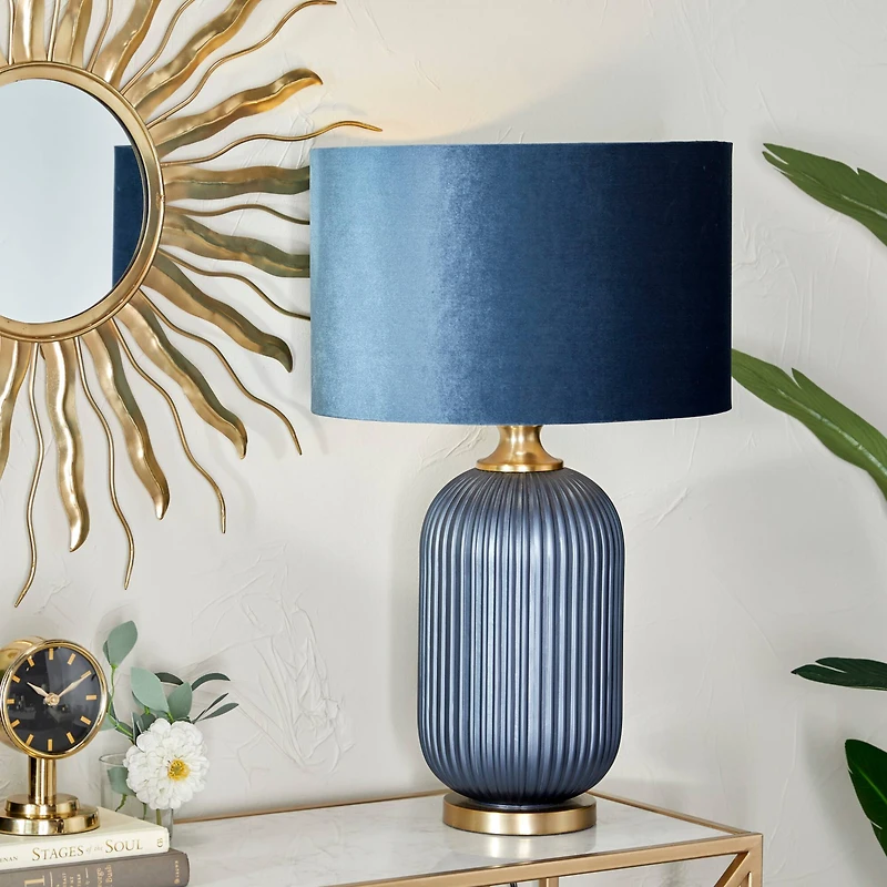 Blue Velvet Transitional Table Lamp, 26" x 16" x 16"