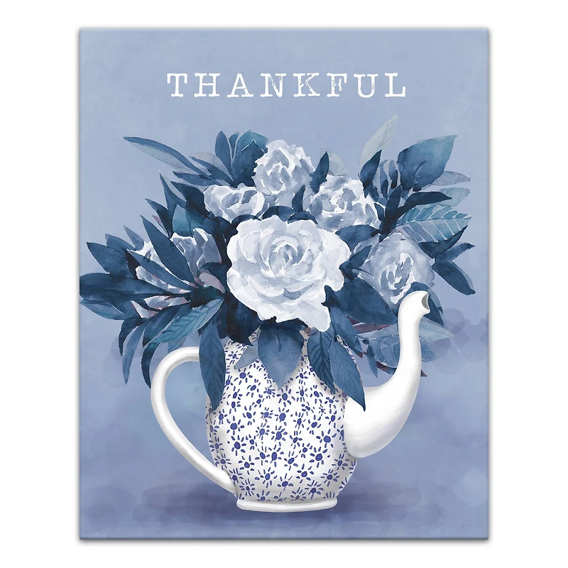 Thankful Teapot With Flowers Canvas Wall Art