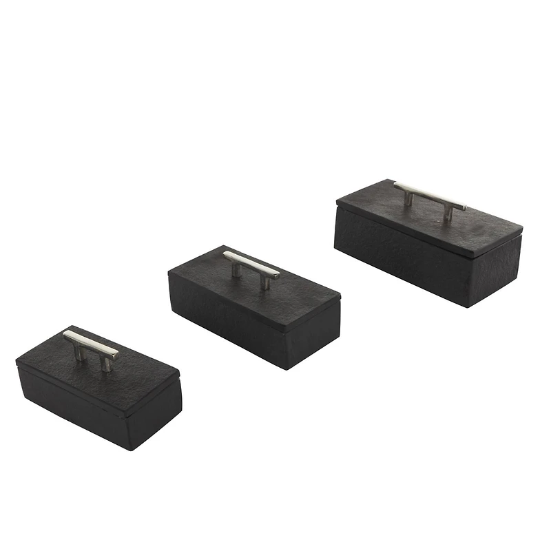 Black Marble Decorative Box with Silver Aluminum Bar Handles, 3ct.