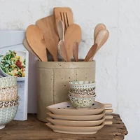 Hello Honey® 6" Tan Decorative Stoneware Crock with Line Detail