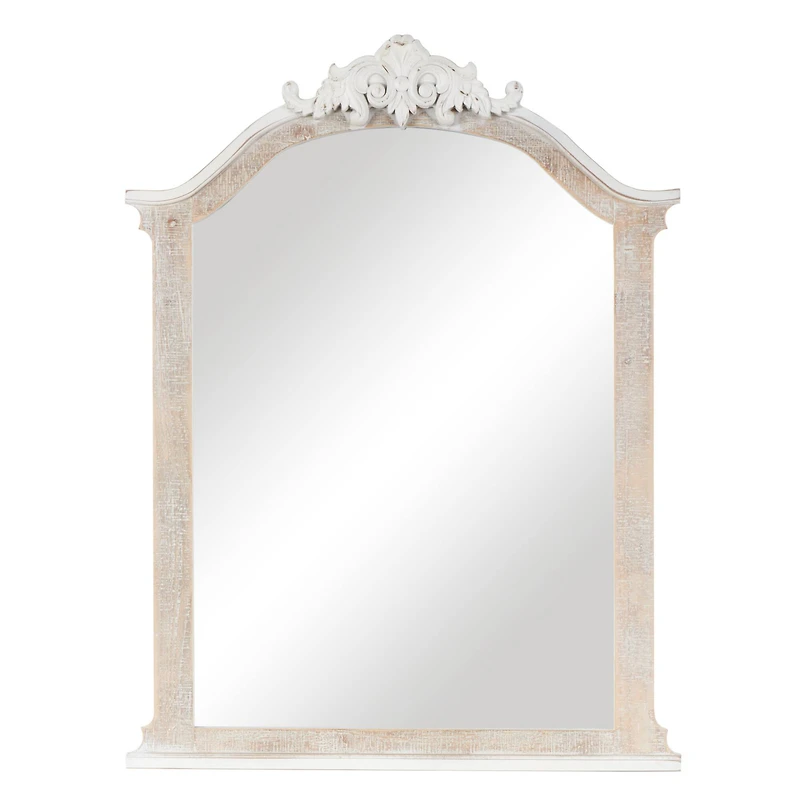 Cream Wooden Arched Scroll Room Wall Mirror with Brown Distressing