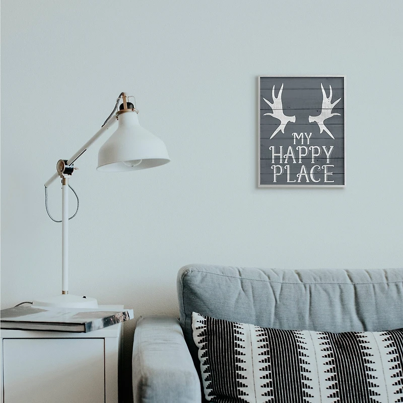 Stupell Industries Rustic My Happy Place Large Elk Antlers in Gray Frame Wall Art