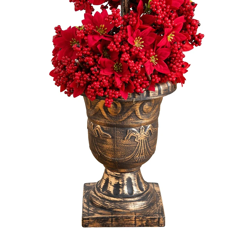 3ft. Pre-Lit Artificial Christmas Poinsettias and Berries Spiral Topiary Tree with 30 Warm White LED Lights