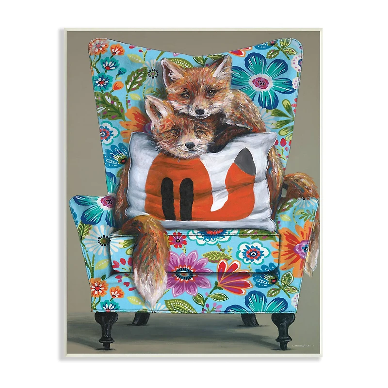 Stupell Industries Red Fox Pair Sitting Chair Spring Floral Pattern Wall Plaque