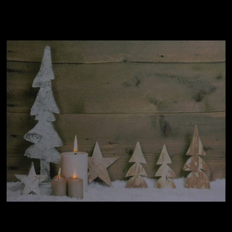 LED Lighted Flickering Candles And Winter Wooden Trees Canvas Wall Art