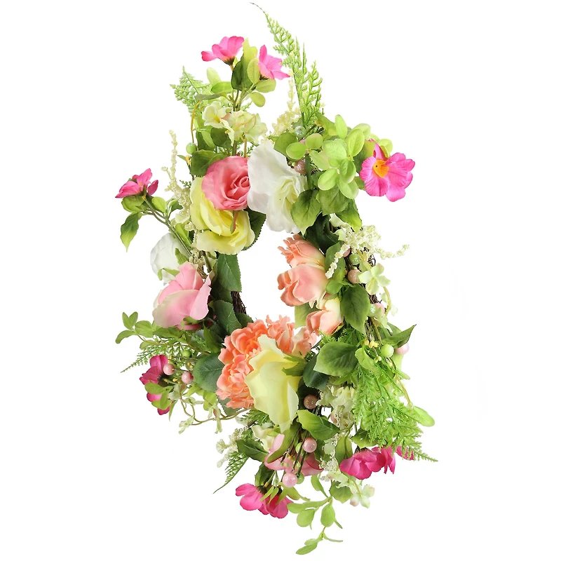 22" Pink & Yellow Rose & Peony Floral Artificial Spring Wreath