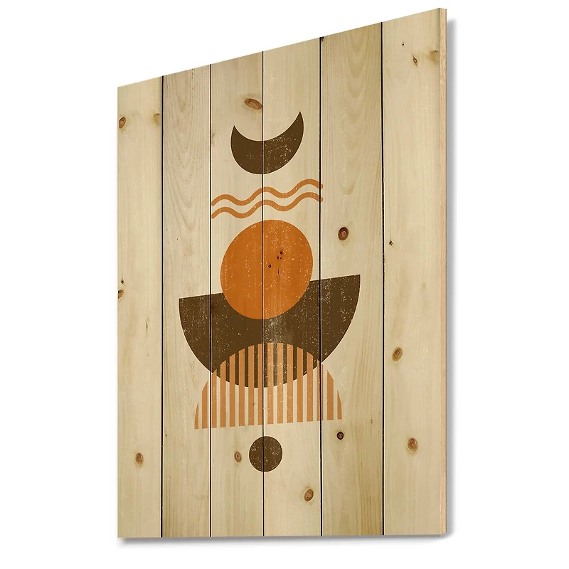 Designart - Abstract Sun and Moon In Earth Tones - Modern Print on Natural Pine Wood