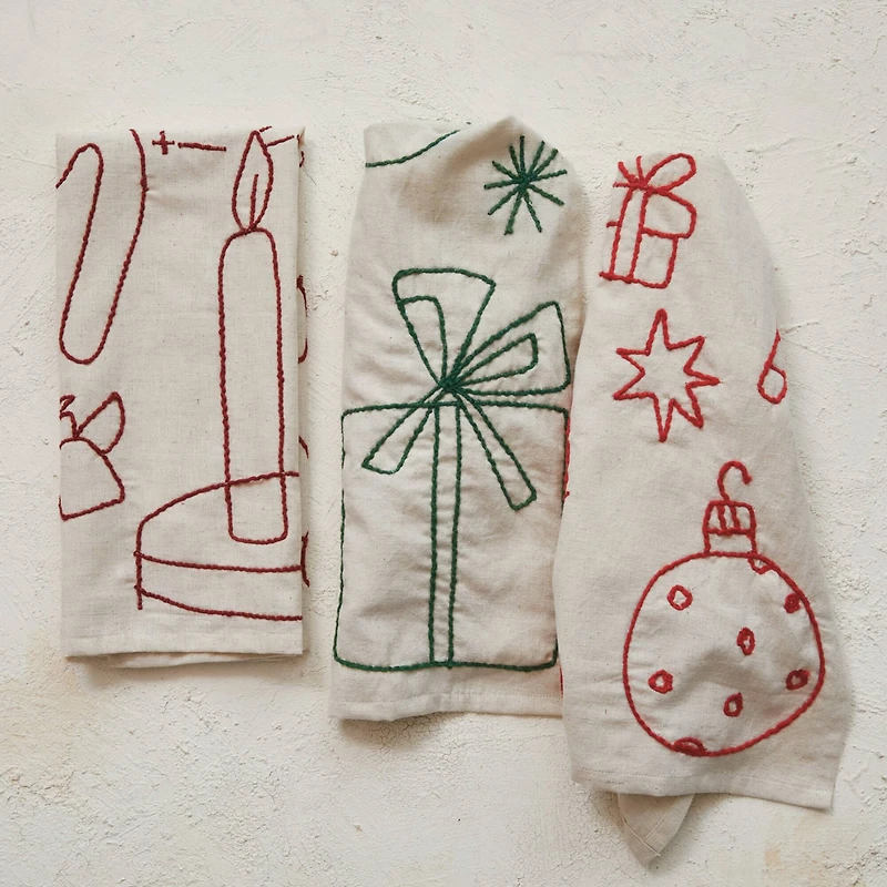 Hello Honey® Embroidered Holiday Icon Woven Cotton & Linen Tea Towel Set