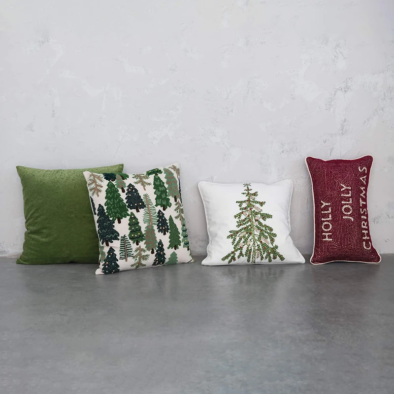 Hello Honey® Christmas Tree Printed Cotton Pillow with Embroidery & Piping