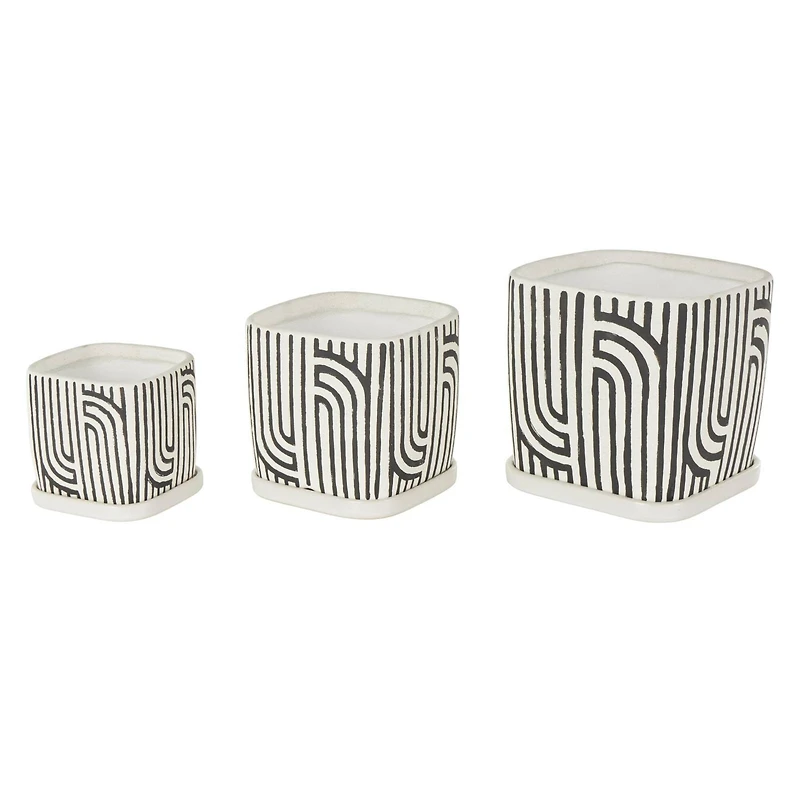 Black Geometric Linear Arch Pattern Ceramic Planter Set