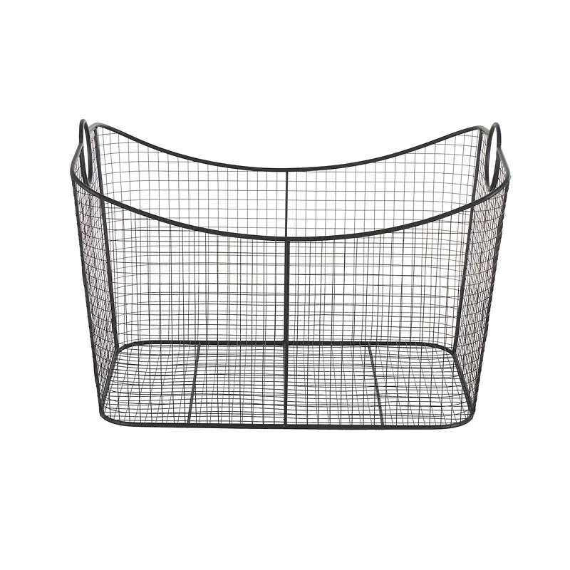 30.25" Black Metal Open Frame Wire Grid Storage Basket with Curved Sides & Ring Handles